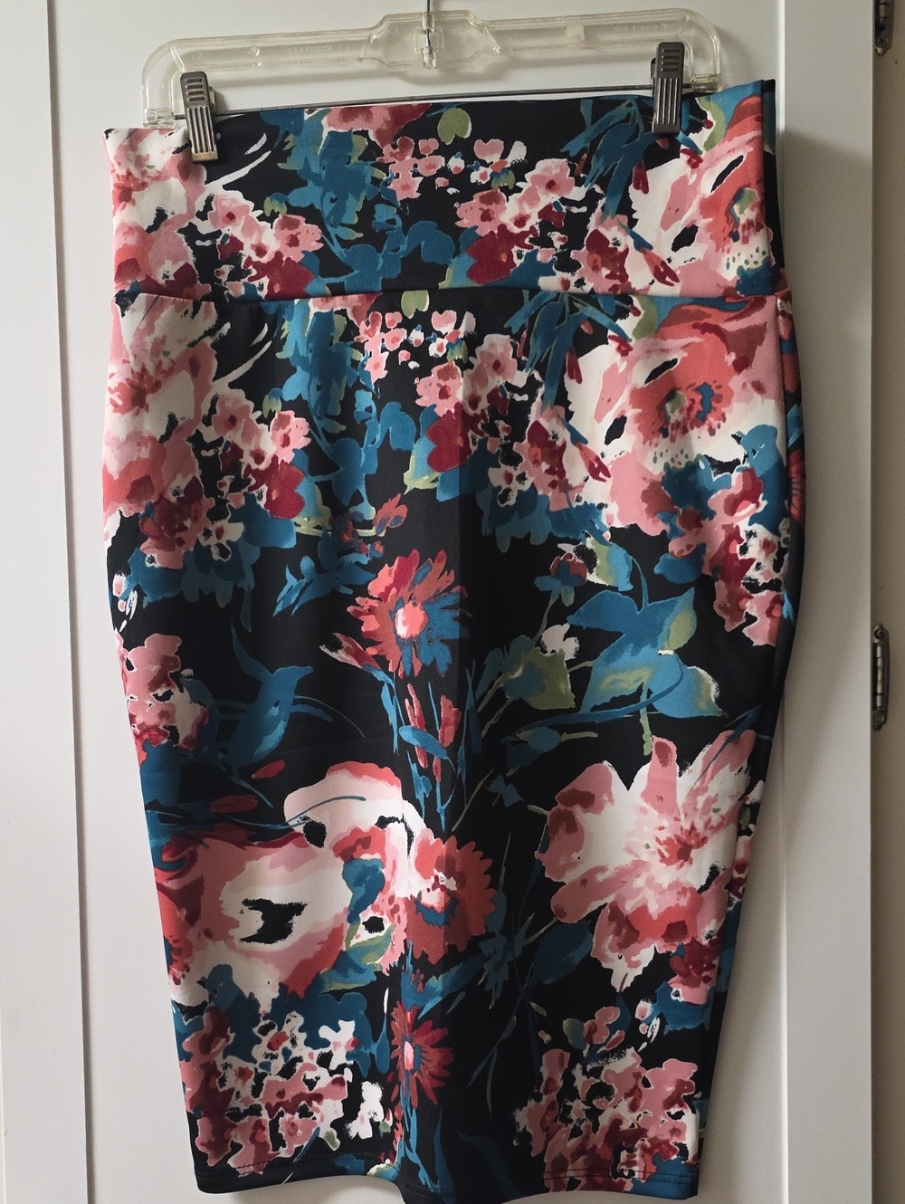 Black Floral Pencil Skirt with Pink & Teal Blooms Size XL